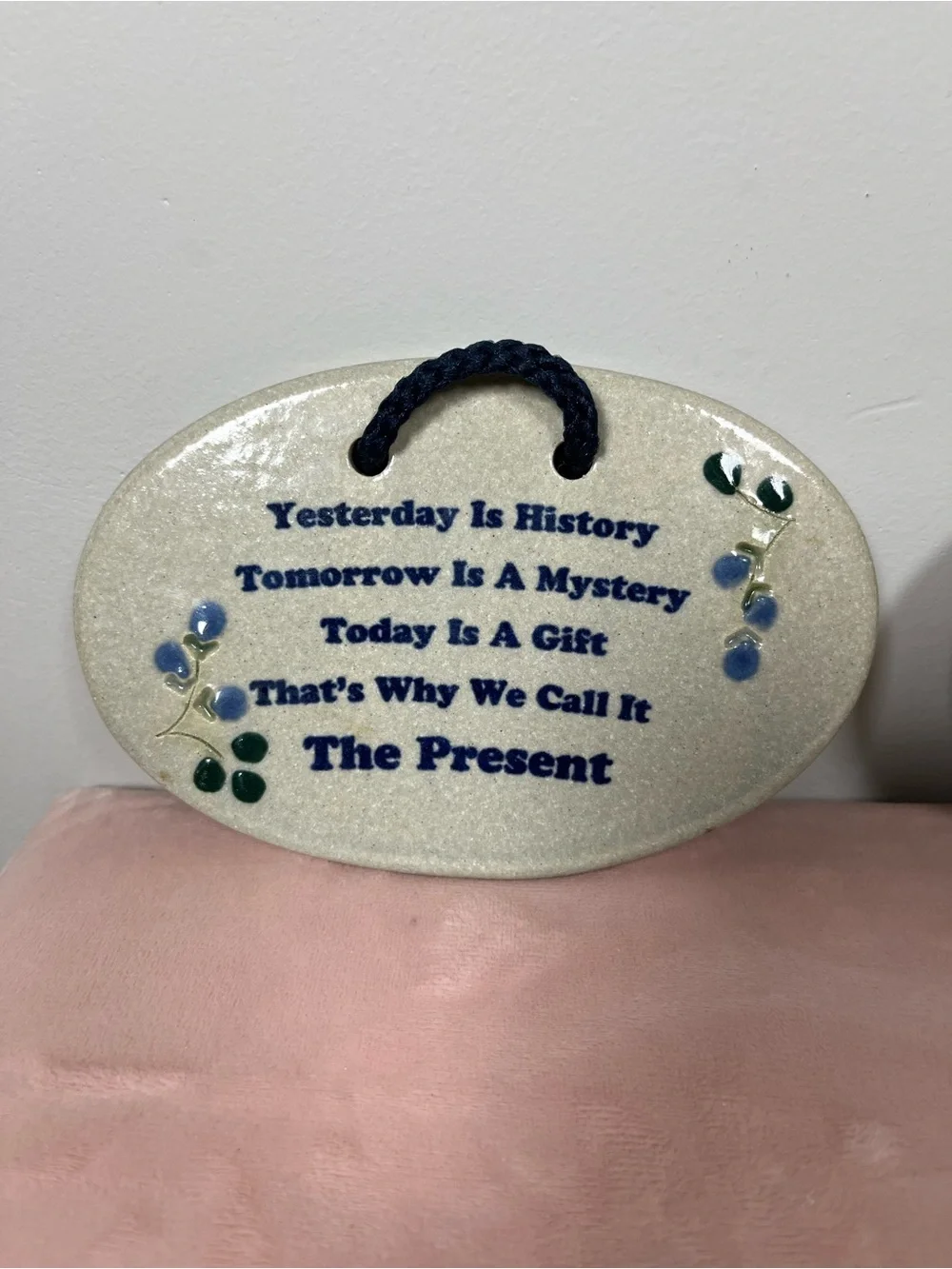 Ceramic Oval Wall Plaques with Blue Text and Leaf Accents stoneware